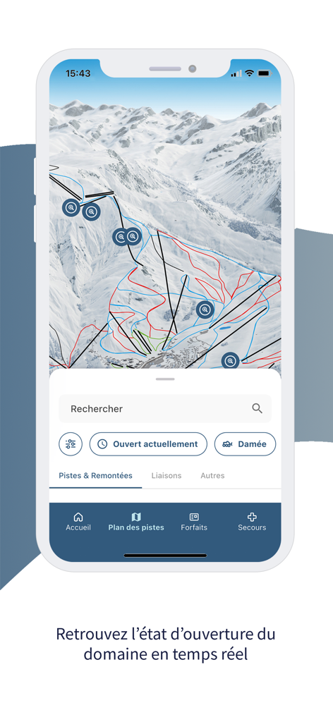 Les Sybelles - Interaktive 3D-Ski-Karte der Les Sybelles Mobile App mit Echtzeit-Pisten- und Liftstatus in den französischen Alpen.