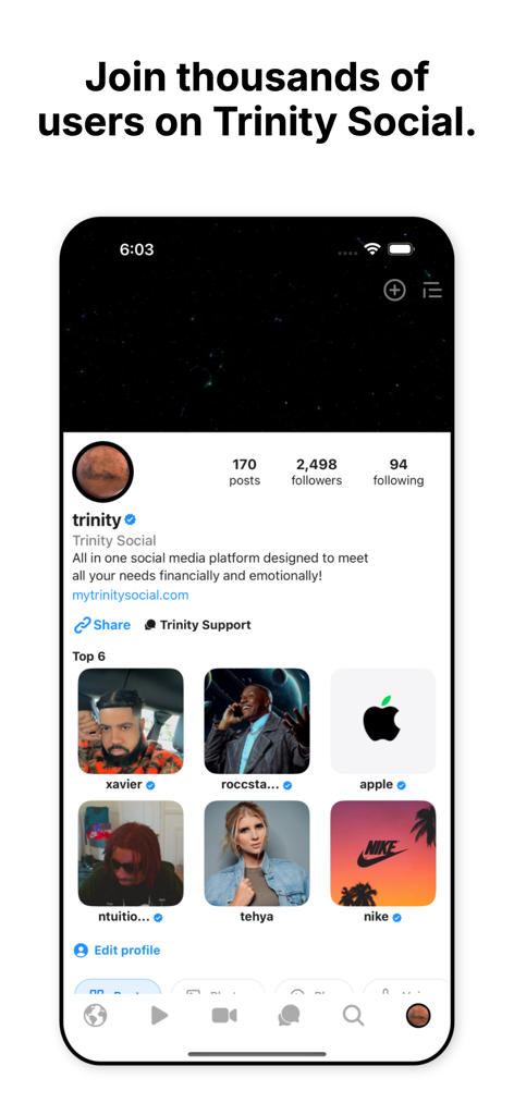 Trinity Social - A user profile view on the Trinity Social app displaying follower counts and a list of top creators.