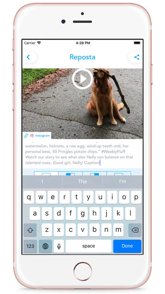 Reposta - Reposta app interface showing an Instagram video repost with caption editing