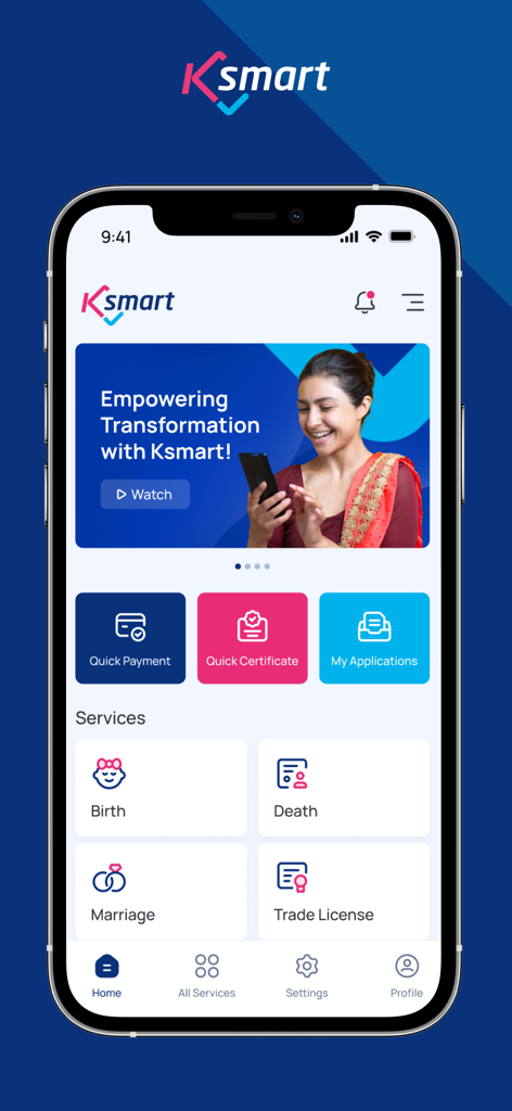 KSMART - Local Self Government - KSMARTモバイルアプリのホーム画面。マラヤーラム系ディアスポラ向けの出生・婚姻証明書などのケララ州政府サービスが表示されています。