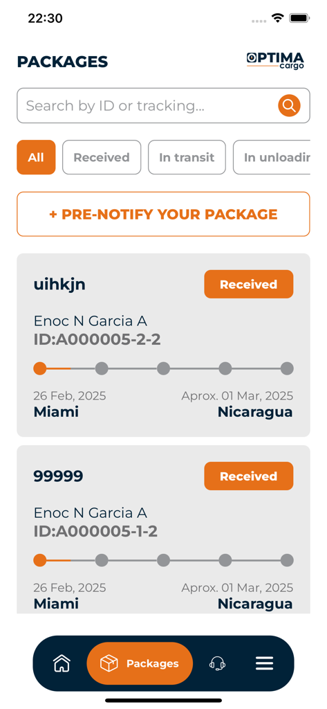 Package tracking interface of the Optima Cargo app showing shipments from Miami to Nicaragua.
