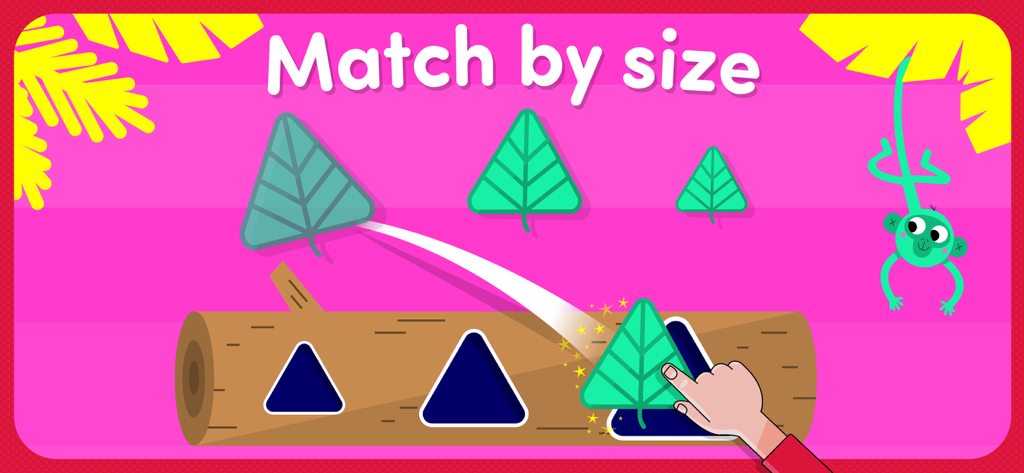 A toddler matching triangular leaves of different sizes into corresponding slots on a log in an educational app.