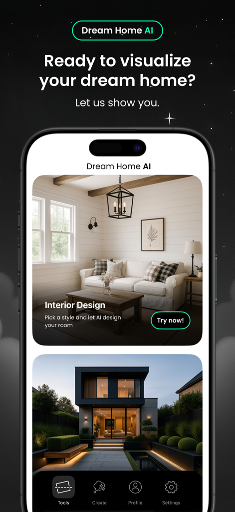 Dream Home AI app interface showing interior design and exterior architecture visualization options