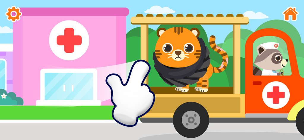 Animal Hospital — Baby Games - A cartoon raccoon driving an ambulance with a rescued tiger towards a pink animal hospital.