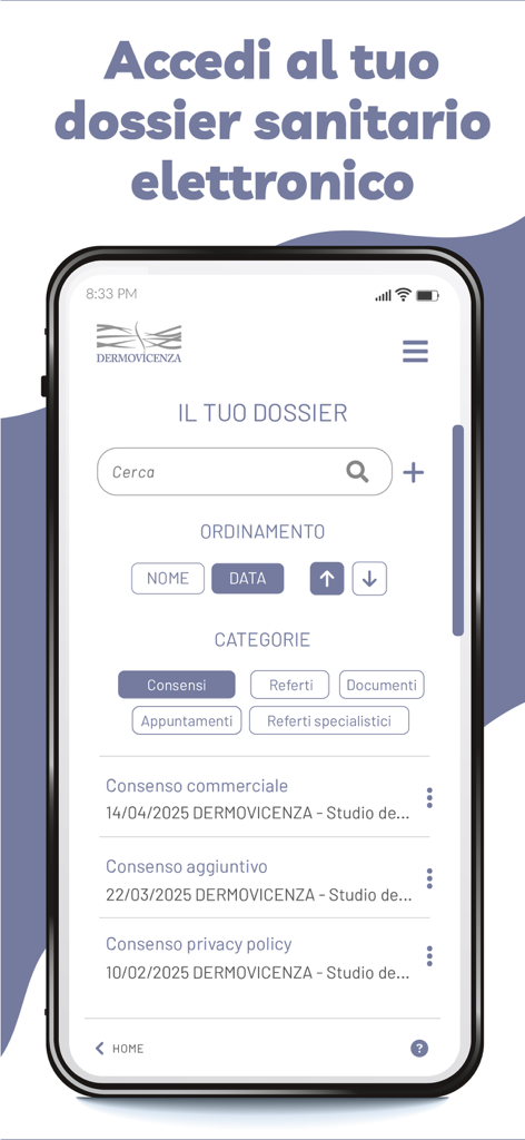 Dermovicenza - Bildschirm für elektronische Gesundheitsakten in der Dermovicenza App mit Patientendokumenten und Suchfiltern