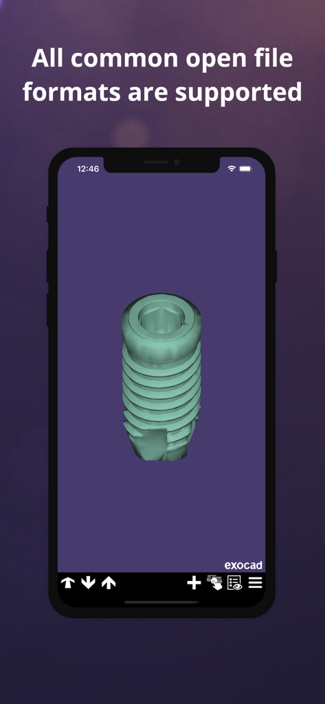 A 3D dental implant model displayed on a smartphone screen using the exocad webview app