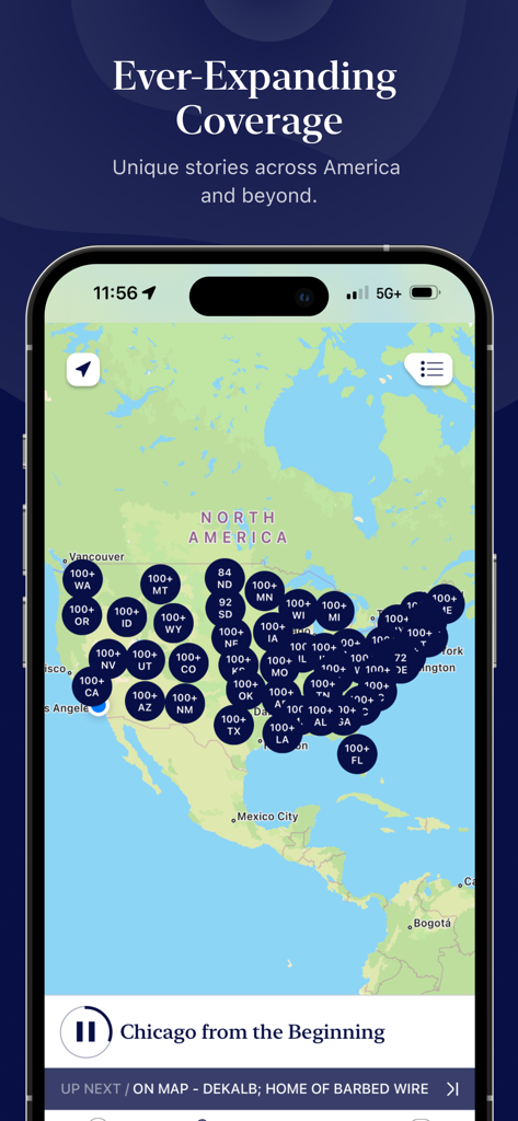 Autio: Road Trip & Travel App - A map of the United States in the Autio app showing thousands of available location-based audio stories