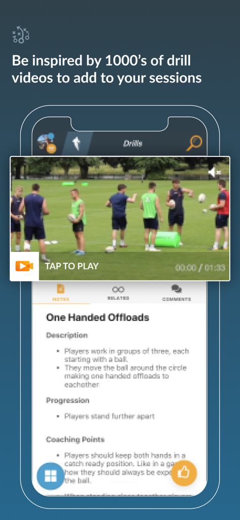 Sportplan - A mobile app screen showing a rugby drill video and detailed session coaching notes.