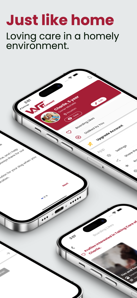 Trois smartphones affichant l'interface de l'application WoofConnect pour la garde de chiens avec des profils de chiens et des fonctionnalités communautaires