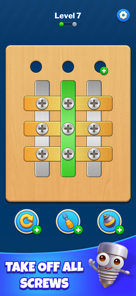Gameplay screen of Screw Sort Nuts Bolts Puzzle showing a wooden board with metal strips and screws to be removed.