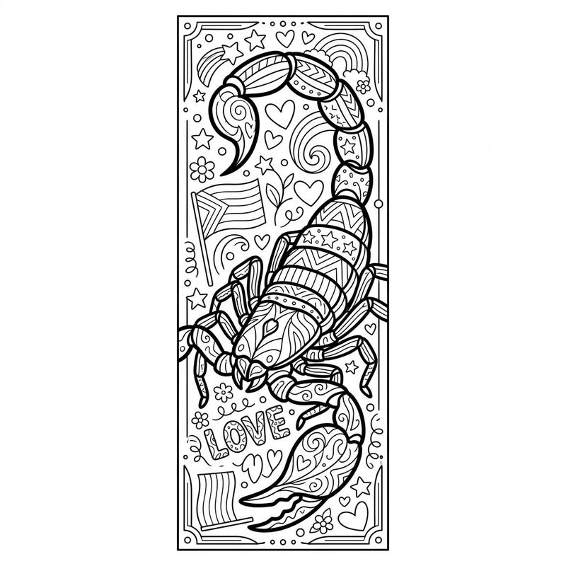 Embrace creativity and celebrate Pride with this unique scorpion bookmark coloring page. Featuring intricate details and symbols of love, it's perfect for a meaningful coloring session.