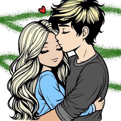 a realistic couple boy and girl hugging and kissing