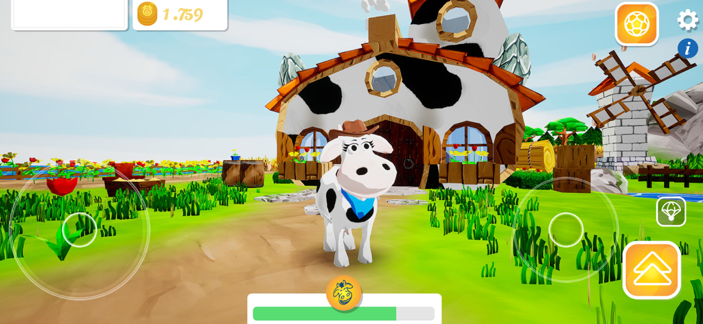 Eine freundliche Cartoon-Kuh mit Cowboyhut in einer lebendigen 3D-Bauernhofkulisse