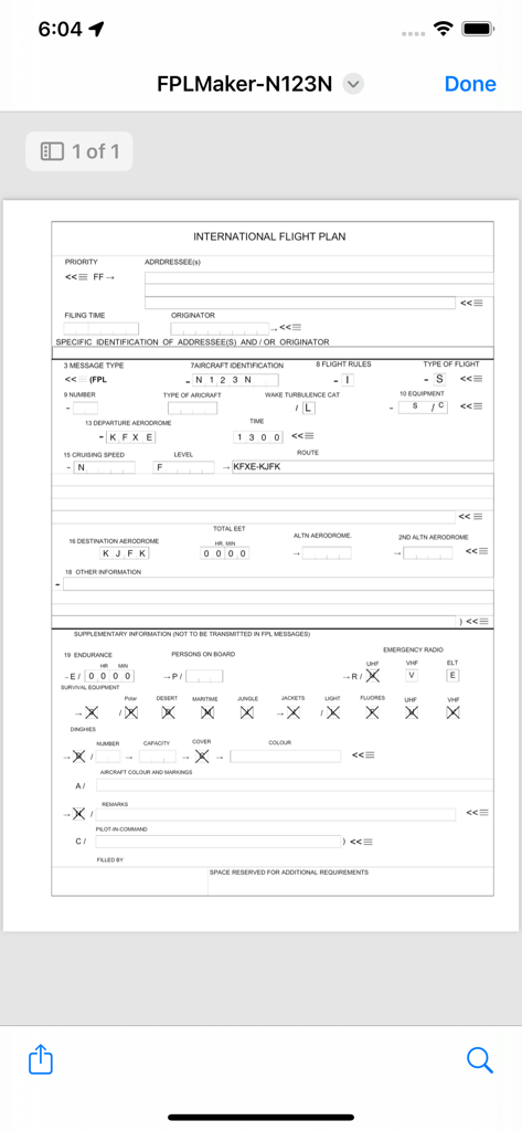 Flight Plan Maker (FPL Maker) - Uma representação digital de um formulário de plano de voo internacional ICAO completo pronto para exportação como PDF.