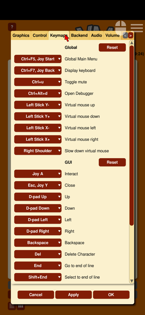 Schermata delle impostazioni della mappatura dei tasti di ScummVM per personalizzare i controlli sui dispositivi iOS