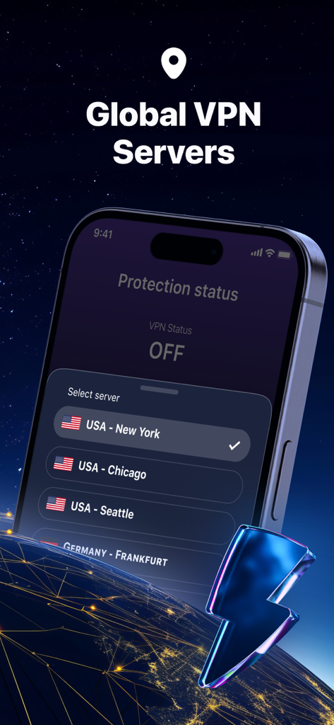 Interfaz de la aplicación Secure360 VPN que muestra una lista de ubicaciones de servidores globales en un smartphone
