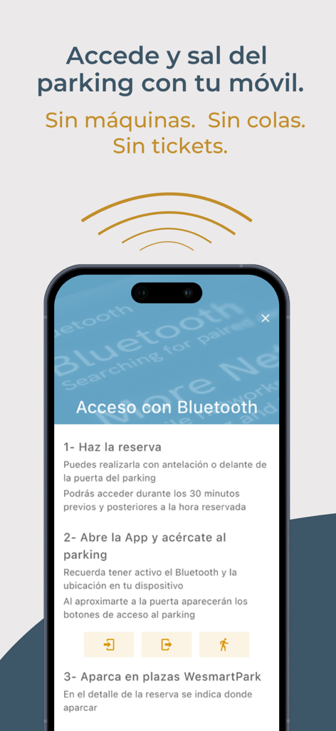 Smartphone mostrando instrucciones para acceder a un garaje de aparcamiento usando la app wesmartPark a través de Bluetooth.