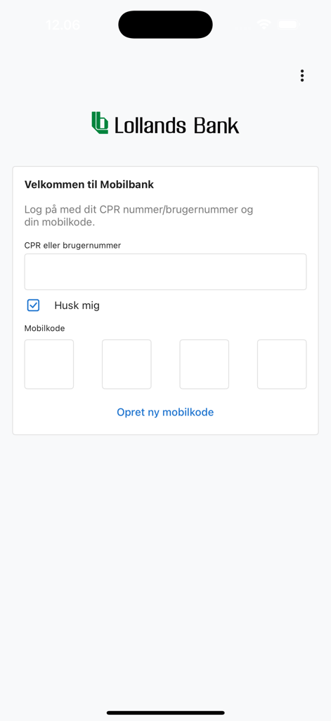 Lollands Bank mobile app login screen with Danish text