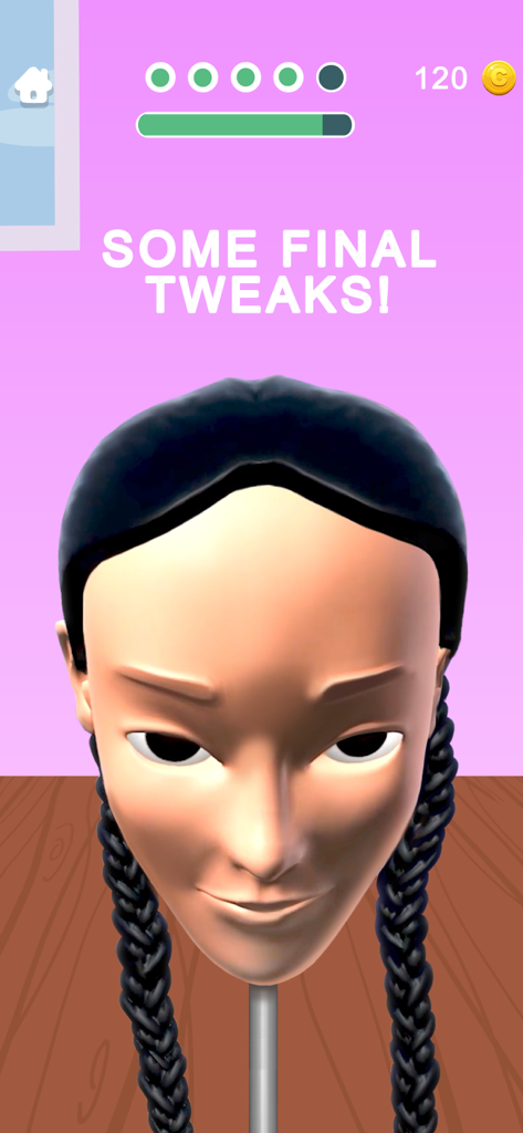 A 3D clay sculpture of a head with braids in the Sculpt People mobile game