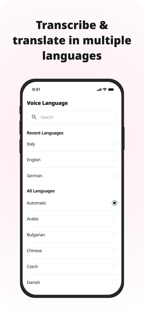 SpeakApp AI: Voice Notes - Pantalla móvil de SpeakApp AI mostrando una lista de idiomas de voz para transcripción y traducción, incluyendo árabe, búlgaro y chino