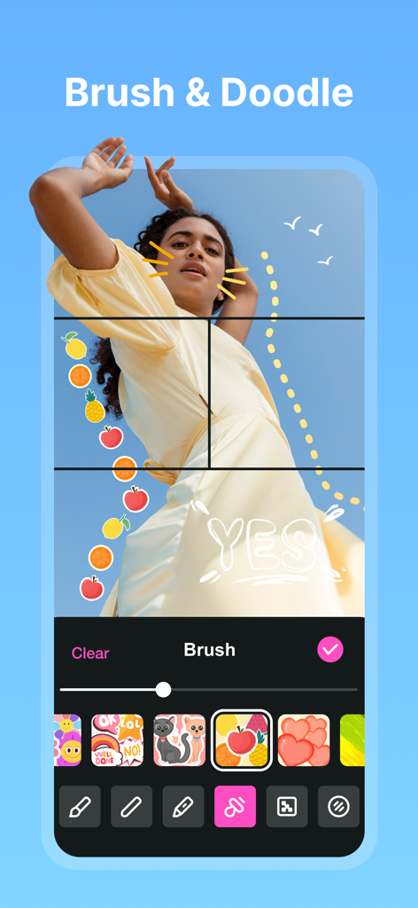 Collage Maker - Photos Editor - Uma foto de uma mulher sendo editada com rabiscos desenhados à mão e adesivos coloridos de frutas usando a ferramenta de pincel no aplicativo Criador de Colagens.