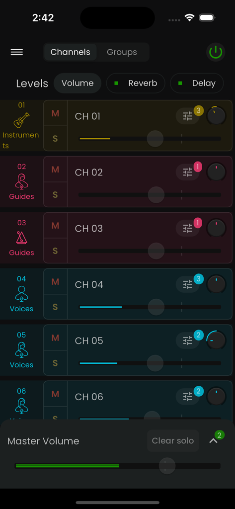 StageWave - StageWave digital mixer interface showing audio channels and volume controls for wireless monitoring