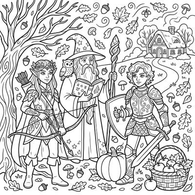 Embark on a magical journey through a cozy autumn landscape with this captivating coloring page. Featuring an elf, a wizard, and a brave knight, it's perfect for fantasy lovers ready to add vibrant hues to their adventure.
