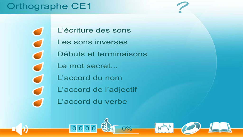 Écran du menu principal de l'application Orthographe CE1 montrant diverses catégories de leçons d'orthographe et de grammaire françaises