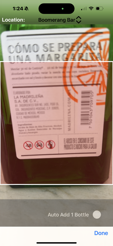 BarkeepApp mobile interface scanning a liquor bottle barcode for inventory tracking