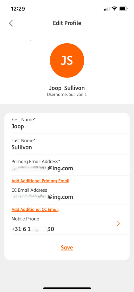 ING Commercial Card - ING Commercial Card app edit profile screen showing user details and contact information