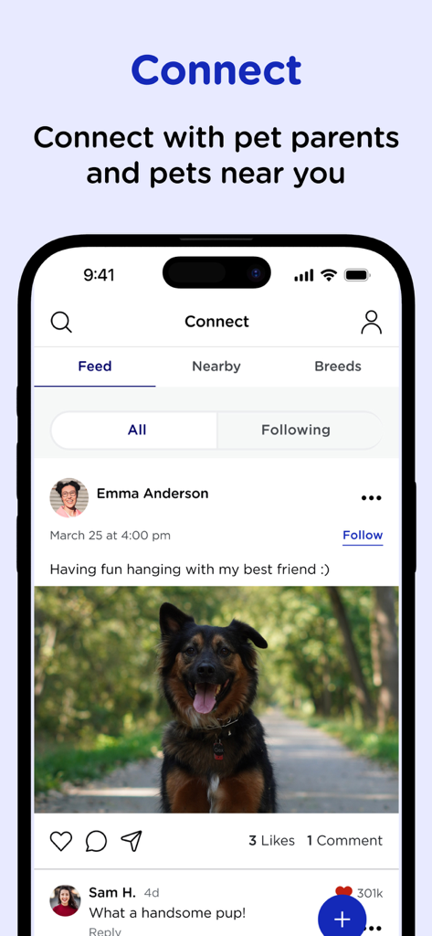 Pet Cloud - A screenshot of the Pet Cloud app Connect feature showing a social media feed where pet owners share photos and engage with the community.