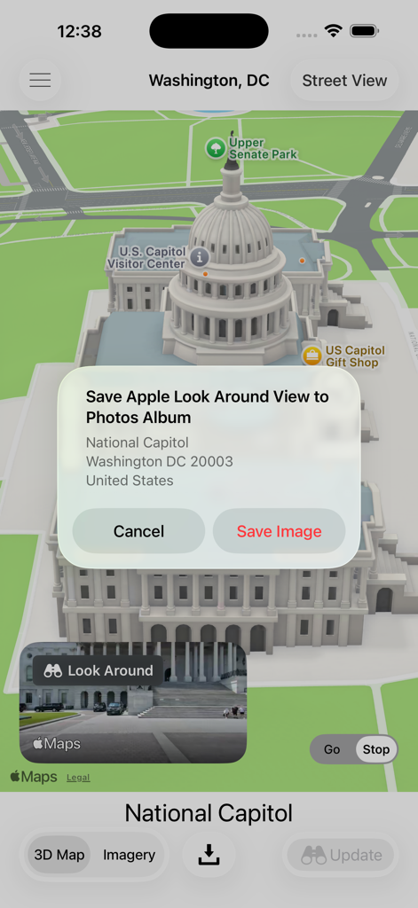 Captura de pantalla de la aplicación Here I Am Now mostrando un mapa 3D del Capitolio de EE. UU. en Washington DC con una indicación para guardar la imagen de la vista Explorar.