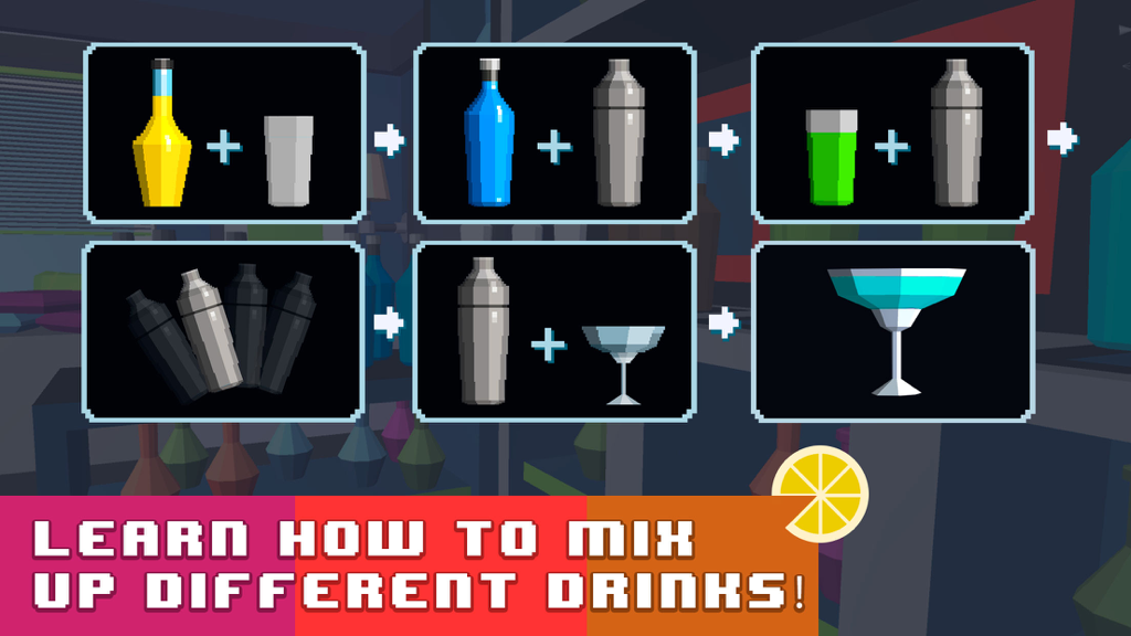 Bartender Simulator: Mix Delicious Drinks - Pixel art sequence showing step by step instructions for mixing a blue cocktail in the game
