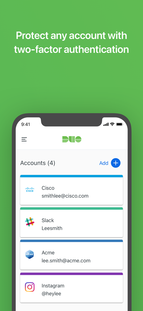 Duo Mobile app interface showing a list of accounts for two factor authentication