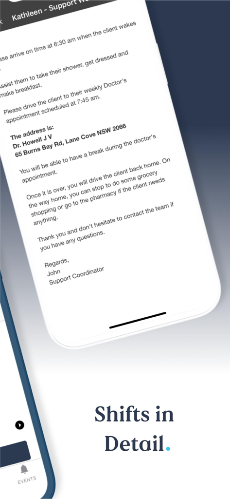 A smartphone screen displaying detailed shift instructions for a caregiver including appointment times, locations, and specific care tasks.