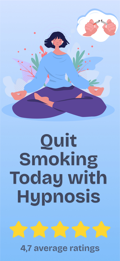 Quit: Hypnosis to Stop Smoking - Illustration of a woman meditating with a broken cigarette icon and text saying Quit Smoking Today with Hypnosis