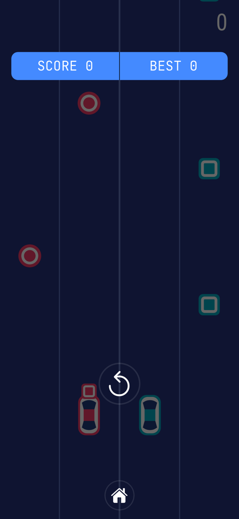 Jugabilidad minimalista del juego móvil Two Cars que muestra dos vehículos esquivando cuadrados y recogiendo círculos