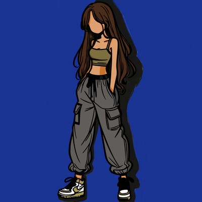 girl in baggy pants crop top and long hair