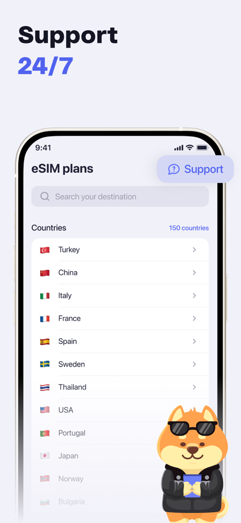 SimHub: eSIM Travel Data - Interfaccia dell'app SimHub che mostra piani dati eSIM disponibili per più paesi ed evidenzia il supporto clienti 24/7.
