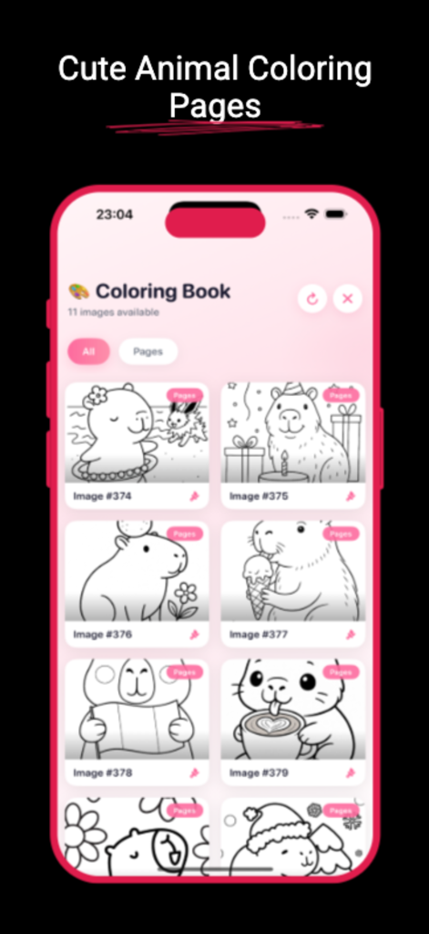 Capybara Coloring – Cute Art - Une interface d'application mobile montrant une sélection de pages à colorier mignonnes de capybaras