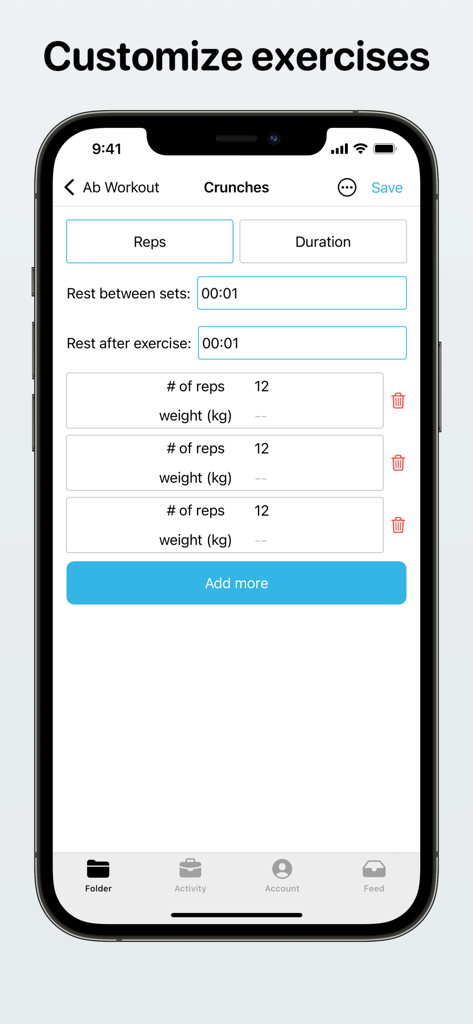 Interface for customizing workout exercises with sets reps and rest intervals