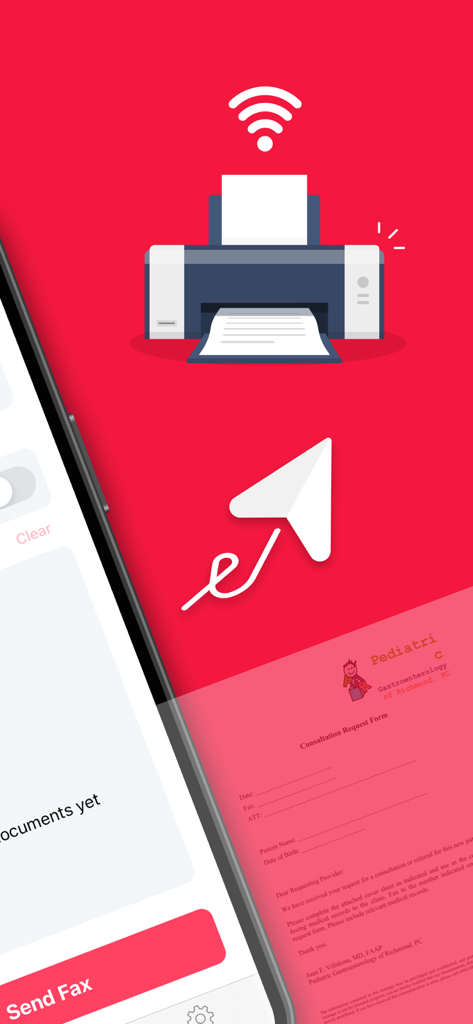 Pantalla promocional de la interfaz de la aplicación Easy FAX en un iPhone junto a una ilustración de un fax.