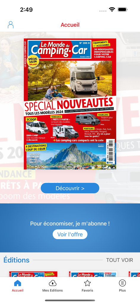 Le Monde du Camping-Car - Home screen of Le Monde du Camping-Car app featuring a digital magazine cover about motorhomes and travel.
