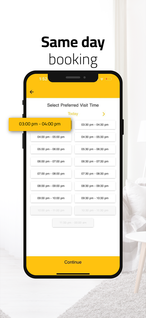 B8ak بيتك - Home Services App - B8ak-App-Oberfläche mit Auswahl von Zeitfenstern für Buchungen am selben Tag für Hausdienstleistungen