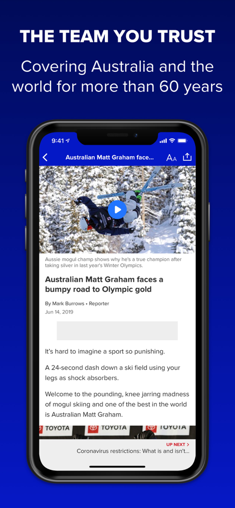 9NEWS app interface featuring an article about Australian skier Matt Graham and the slogan The Team You Trust.