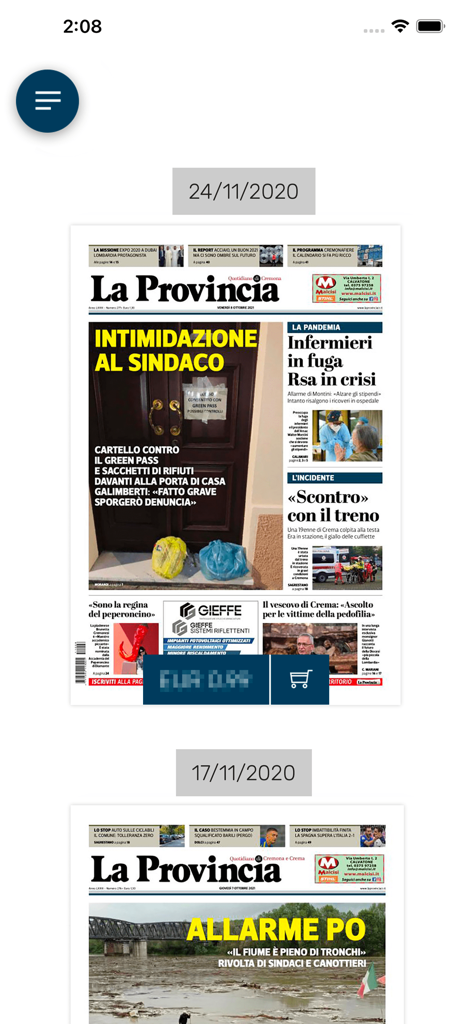 La Provincia di Cremona Crema - Digital archive screen of the La Provincia di Cremona Crema app displaying historical newspaper editions by date