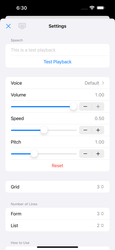 Text To Speech - Read Aloud - Settings screen for adjusting voice volume speed and pitch with sliders and test playback button
