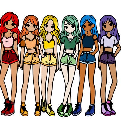 a group of girls wearing crop tops and shorts