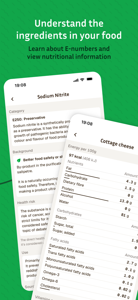 The Food App – Scan and swap - Mobile app screens showing detailed additive information for sodium nitrite and nutritional values for cottage cheese