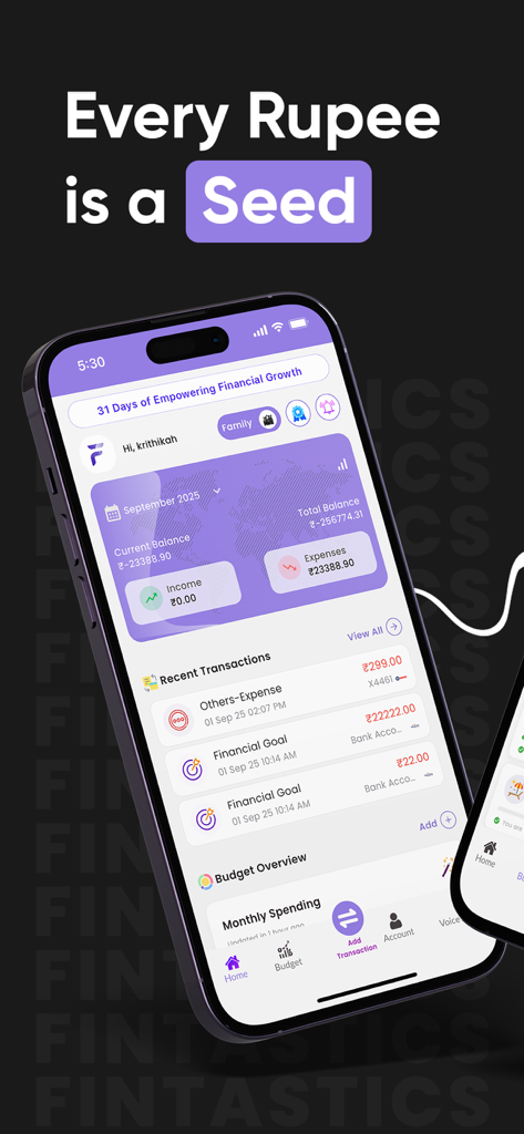 Mobile app dashboard showing balance income expenses and recent transactions for financial tracking